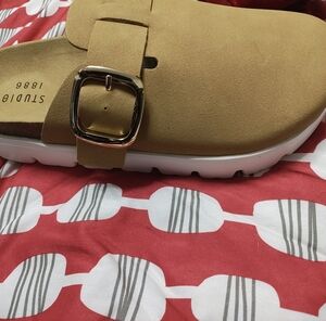 Studio 1886 Tan Mules with Gold Buckle
